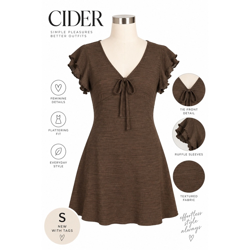 Cider Brown Textured Tie Front Ruffle Sleeve Mini Dress Size S NWT